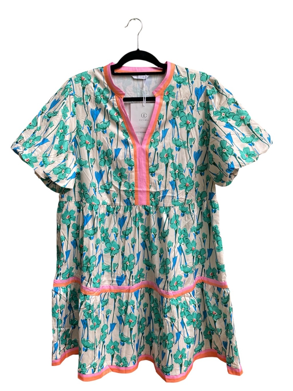 Cicy Bell NWT Green Floral Print Puff Sleeve Tiered Mini Dress Womens Size XL